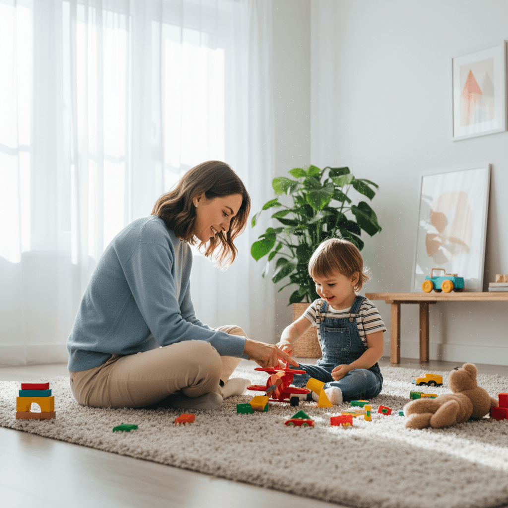 Child playing with therapist in bright living room