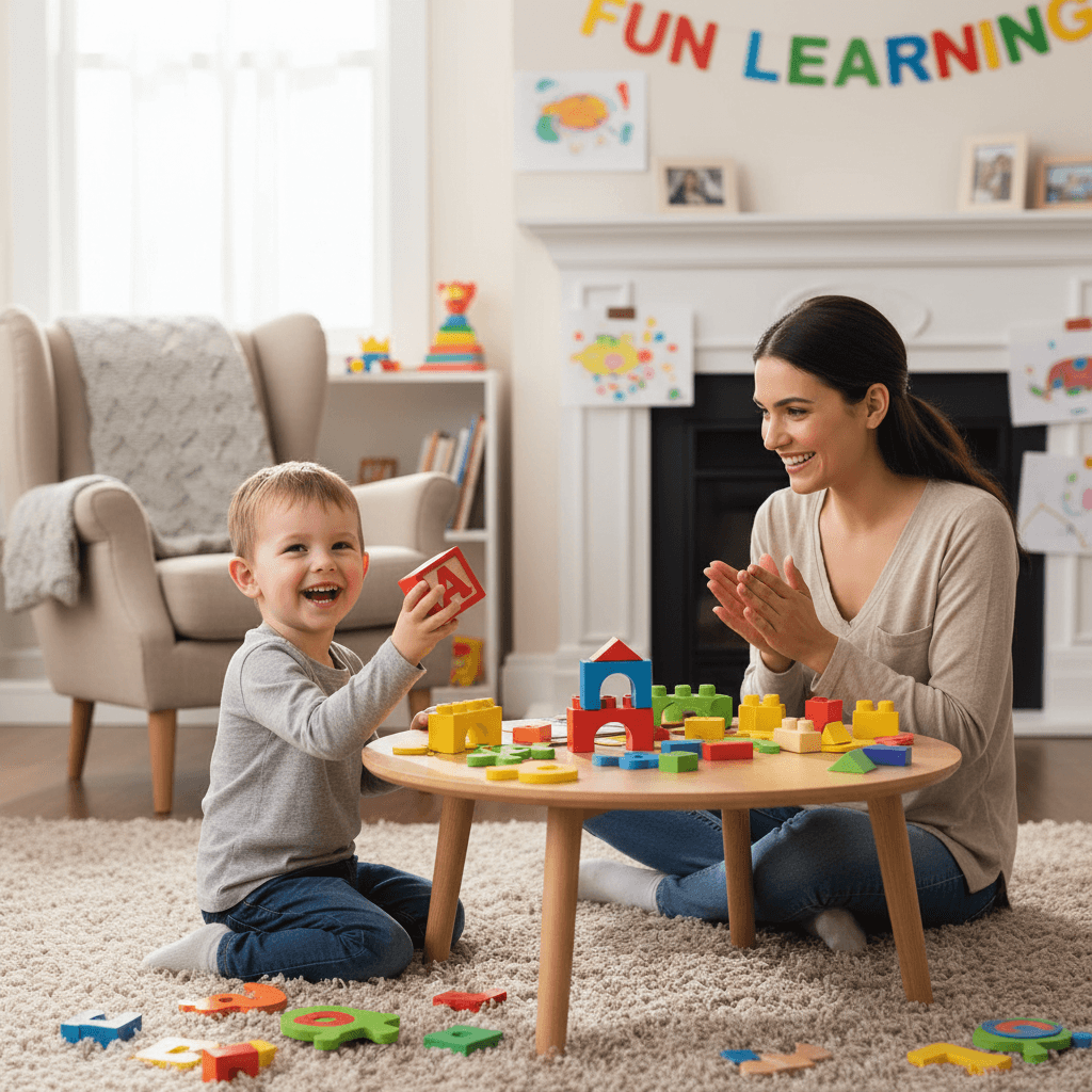Young child smiling during playful learning session with therapist in cozy home setting