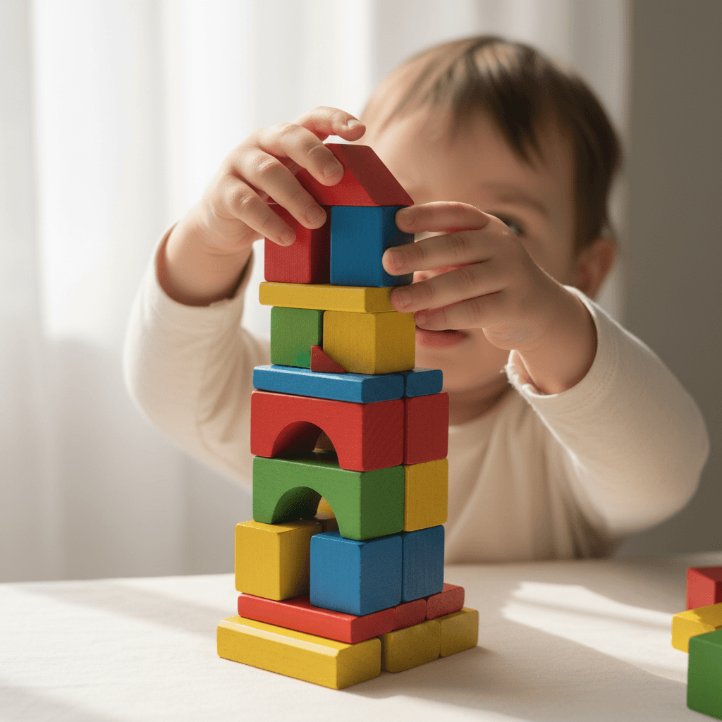 Child's hands assembling colorful wooden building blocks in focused close-up shot